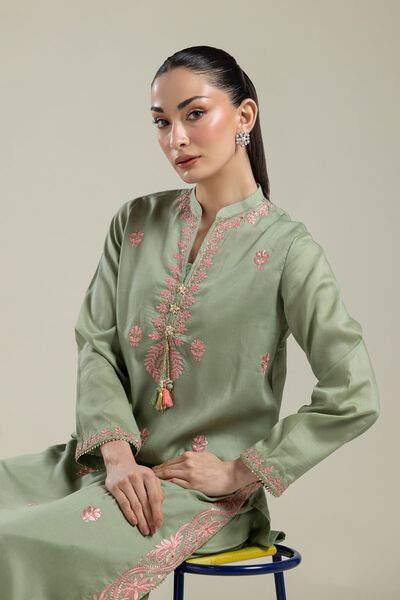 Embroidered | Textured Weave | Long Mint Kurta | USD 40.00