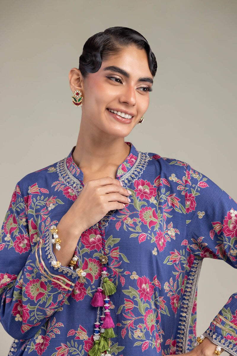 Embroidered | Raw Silk | Blue V-Neck Kurta | USD 65.00