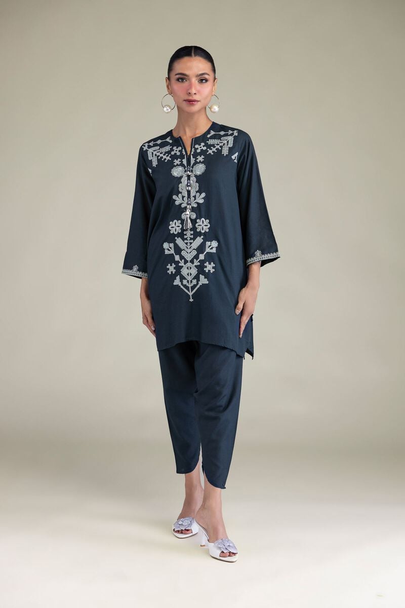 Embroidered | Raw Silk | Floral Navy Kurta | USD 40.00