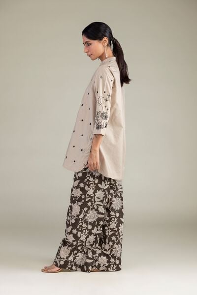 Embroidered | Cotton Dobby | Floral Brown Pants | USD 30.00