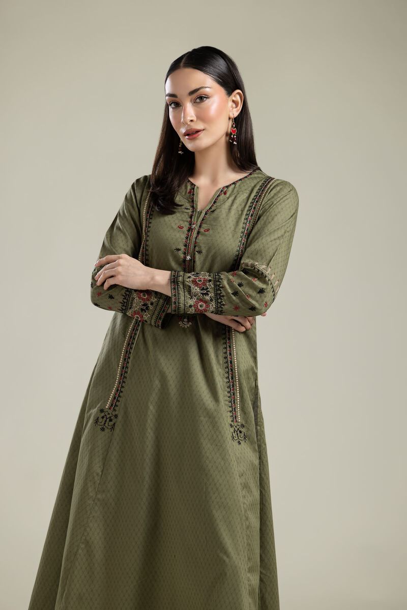 Embroidered |Cotton Dobby | Olive Floral Kurta | USD 40.00