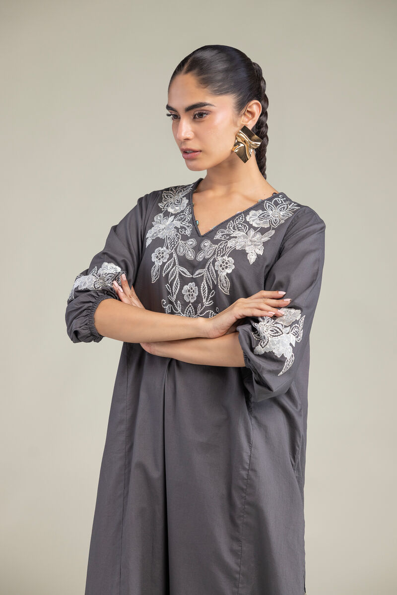 Embroidered | Cambric | Gray V-neck Kurta | USD 40.00