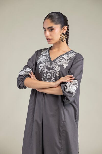Embroidered | Cambric | Gray V-neck Kurta | USD 40.00