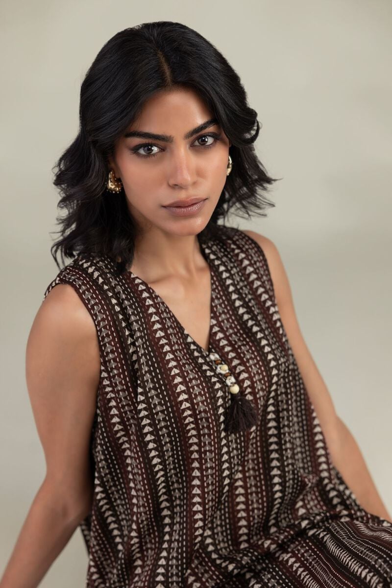 Printed | Cambric | Brown Sleeveless Kurta | USD 35.00