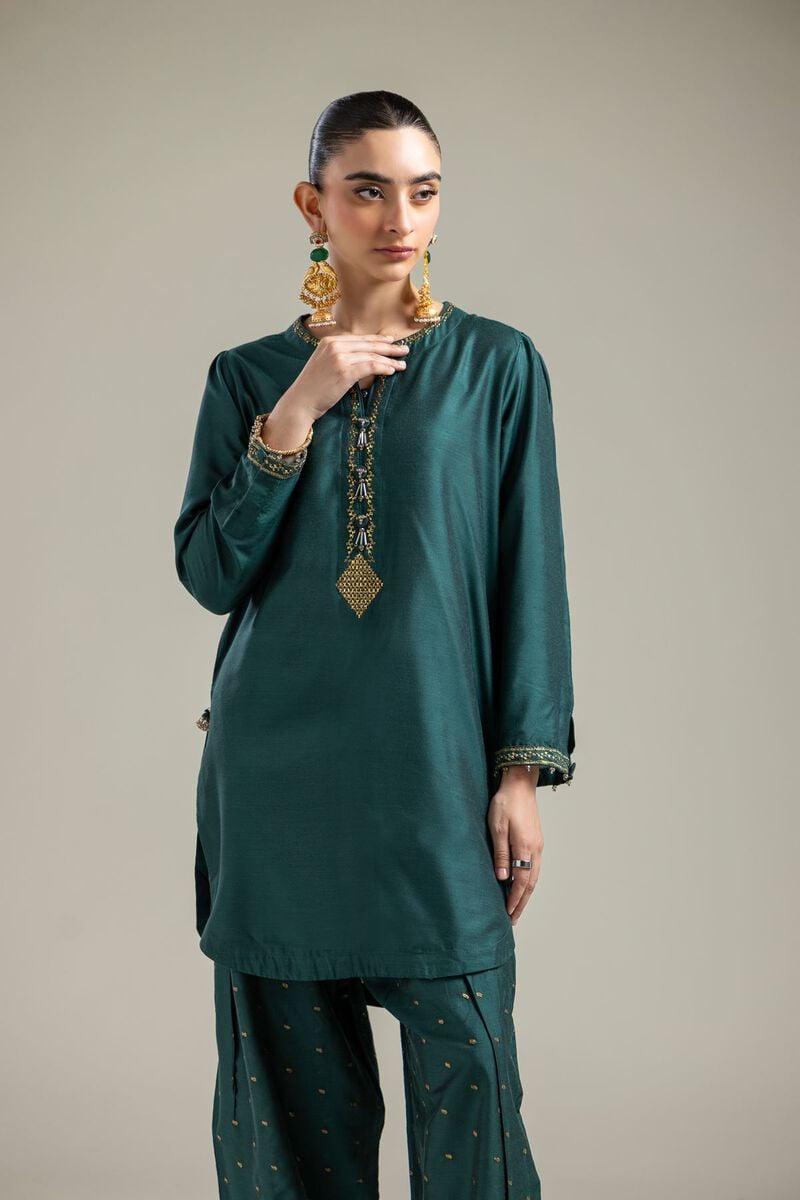 Raw Silk | Green V-Neck Kurta | USD 45.00