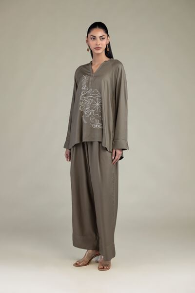 Embroidered | Viscose Crepe | Solid Olive Trousers | USD 30.00