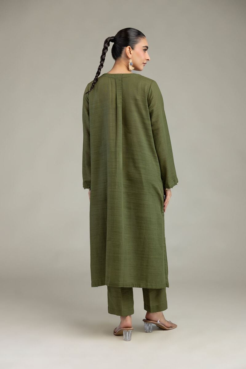 Dyed | Textured Cotton | Olive V-Neck Kurta | USD 35.00