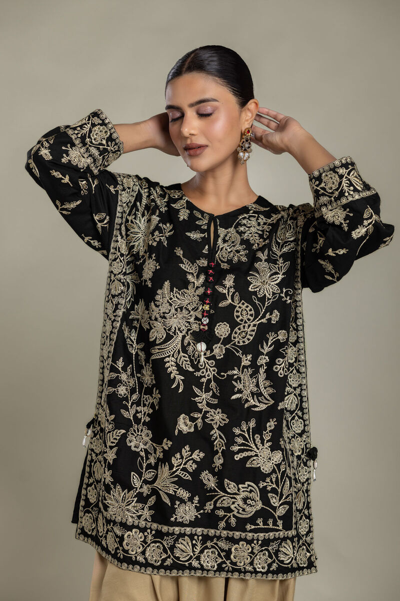 Embroidered | Raw Silk | Black Floral Kurta | USD 80.00