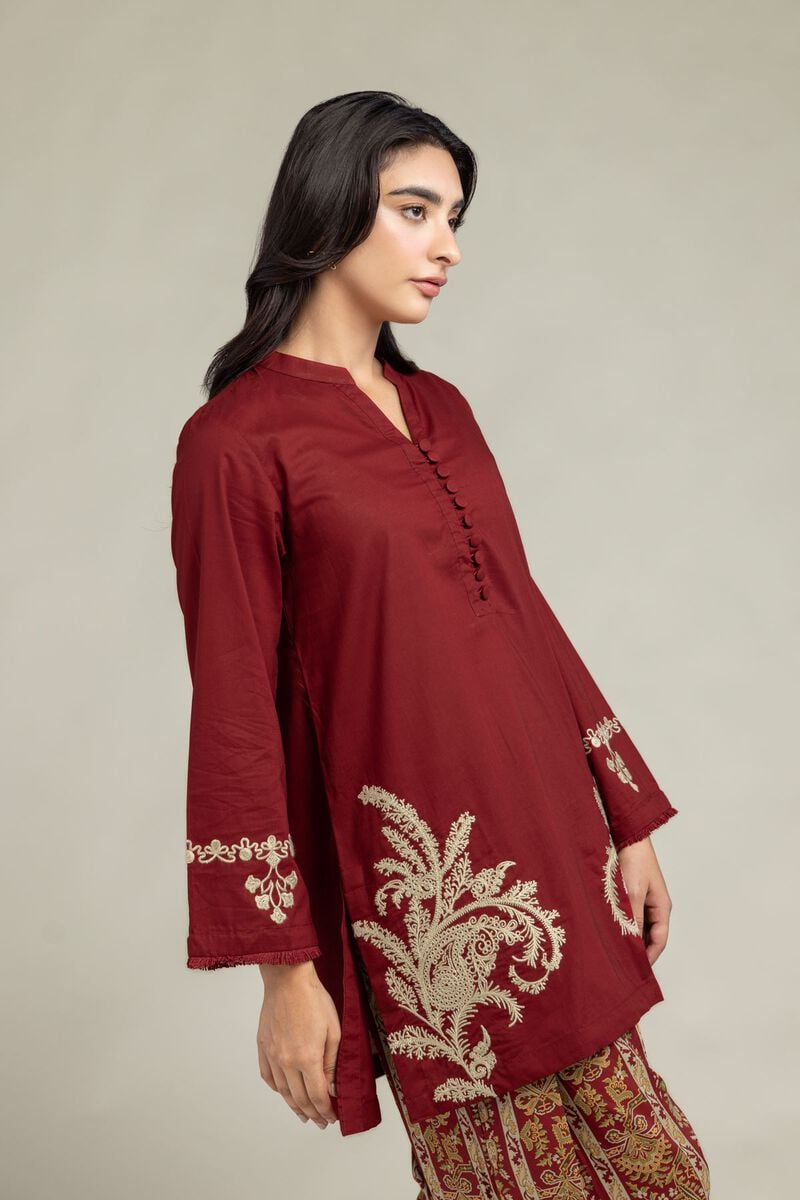 Embroidered | Cambric | Maroon V-Neck Kurta | USD 45.00