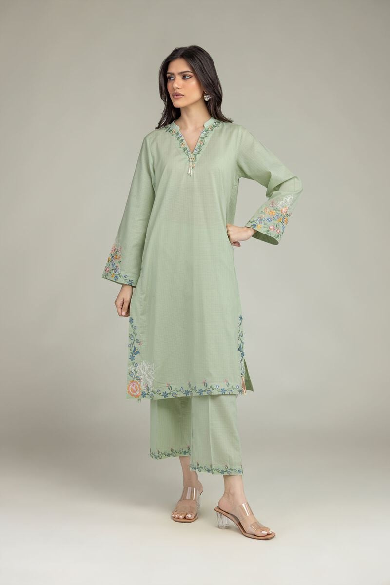 Embroidered | Cotton Dobby | Floral Mint Kurta | USD 35.00