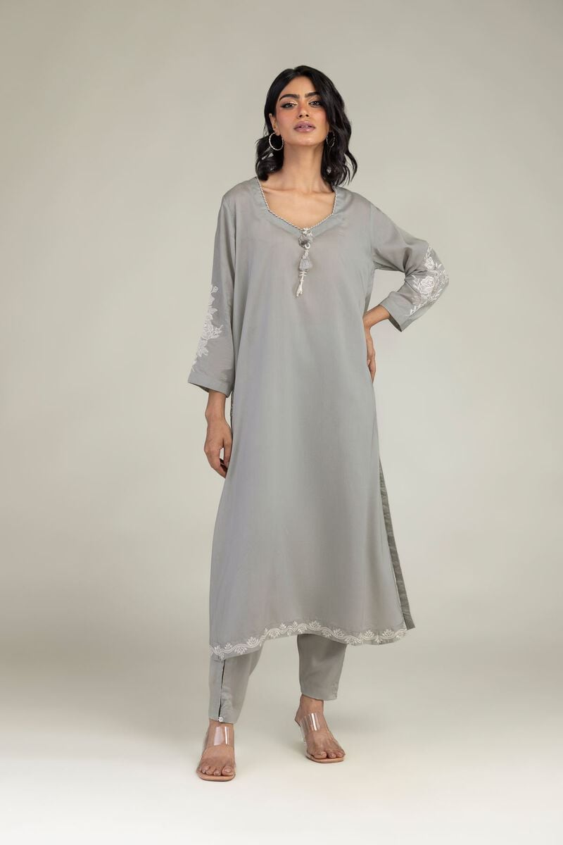 Embroidered | Lyocell | Gray Longline Kurta | USD 40.00