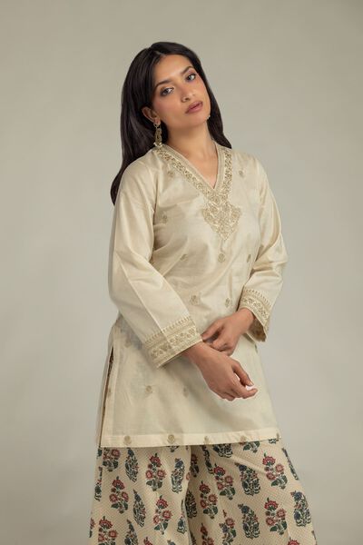 Embroidered | Cambric | Beige V-Neck Kurta | USD 40.00