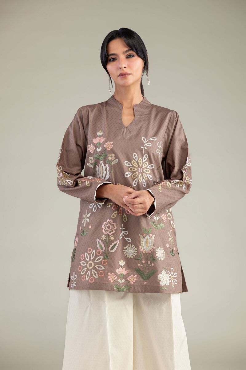 Embroidered | Cotton Dobby | Brown V-Neck Kurta | USD 45.00