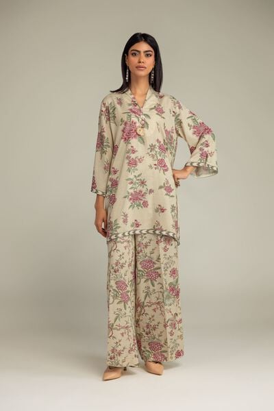 Printed | Raw Silk | Beige Floral Pants | USD 35.00