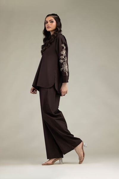 Embroidered | Poplin | Brown Poplin Trousers | USD 30.00