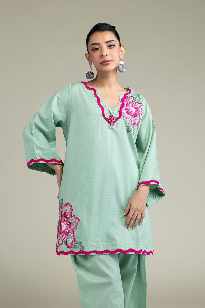 Embroidered | Cotton Dobby | Floral Mint Kurta | USD 40.00