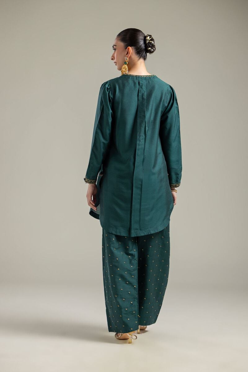 Raw Silk | Green V-Neck Kurta | USD 45.00