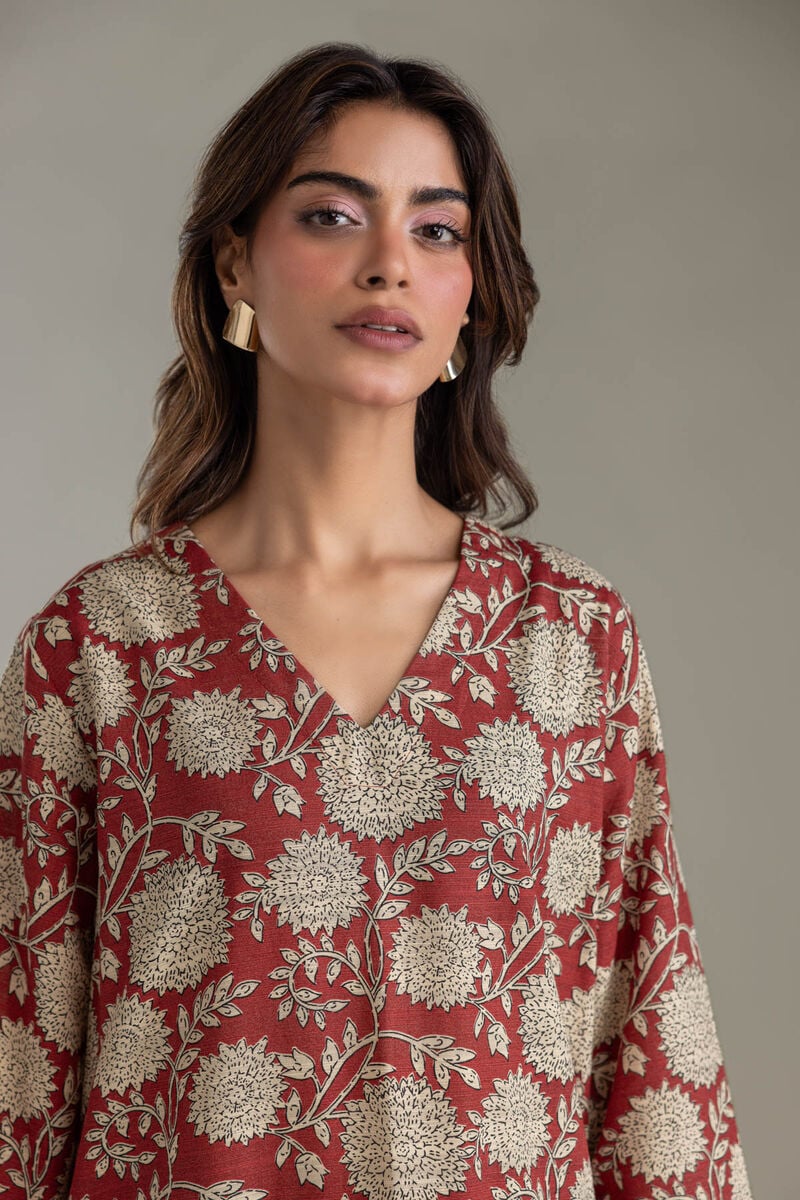 Printed | Light Khaddar | Floral V-neck Kurta | USD 35.00