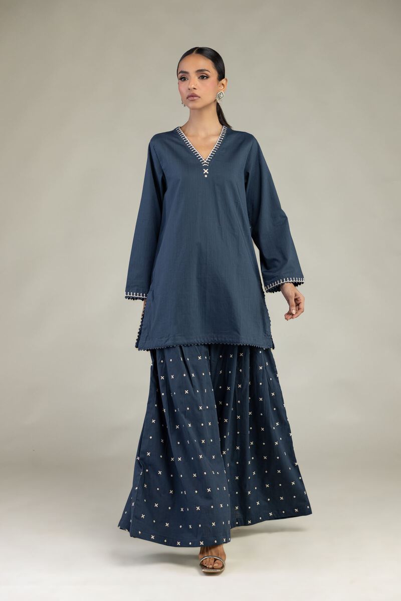 Textured Cotton | Embroidered | Long V-Neck Kurta | USD 35.00