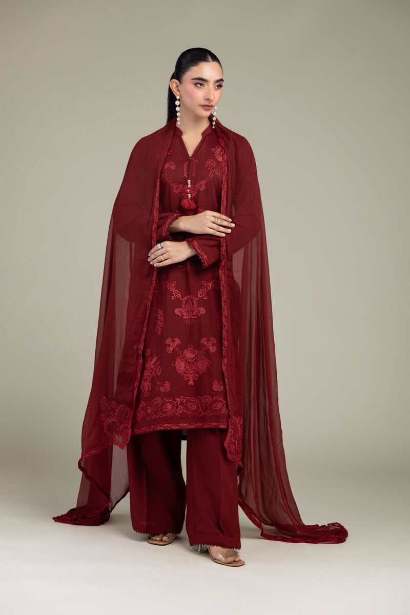 Embroidered | Chiffon | Maroon Chiffon Dupatta | USD 40.00