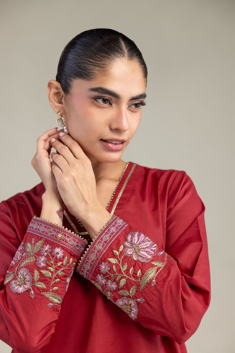 Embroidered | Cambric | Red Floral Kurta | USD 40.00