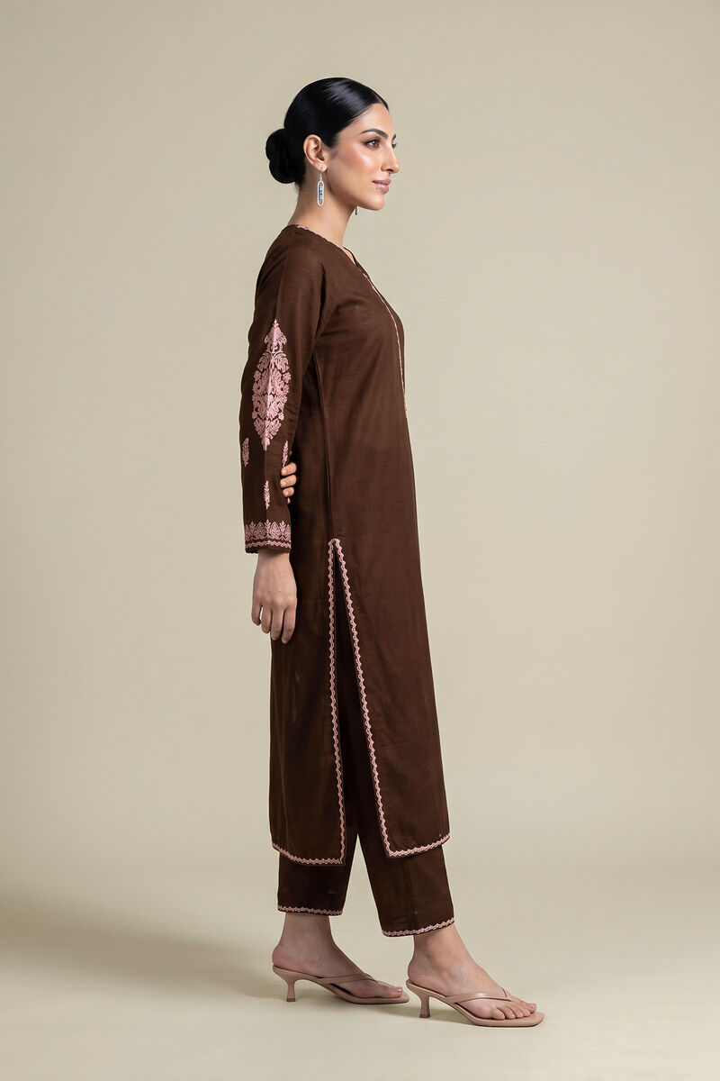 Embroidered | Light Khaddar | Brown V-neck Kurta | USD 45.00