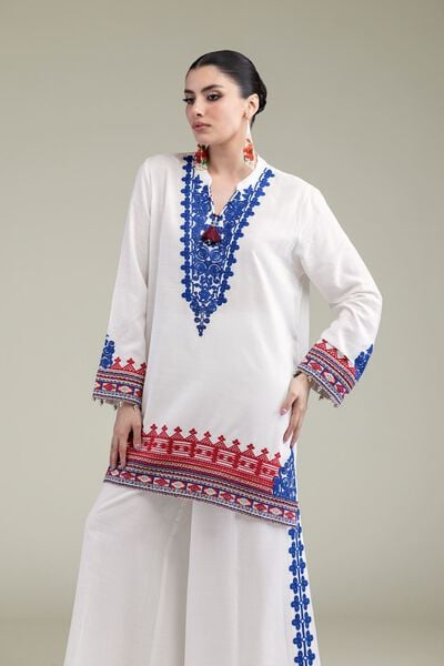 Embroidered | Raw Silk | White V-Neck Kurta | USD 45.00