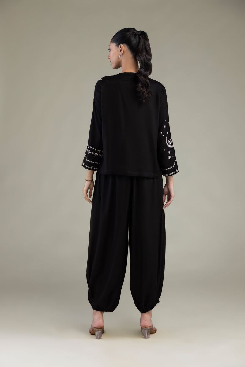 Embroidered | Viscose Crepe | Black Round-Neck Shirt | USD 40.00