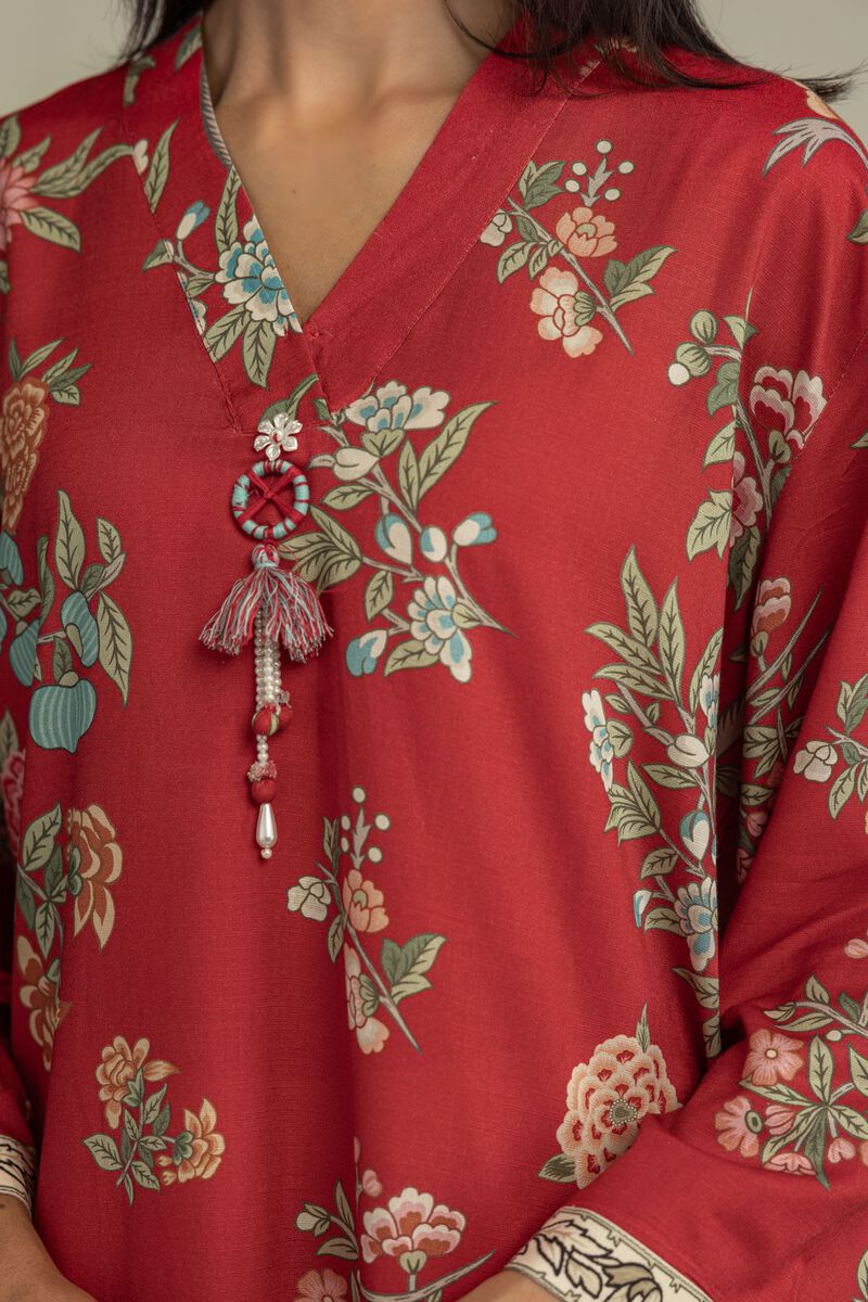 Printed | Raw Silk | Floral Red Kurta | USD 40.00