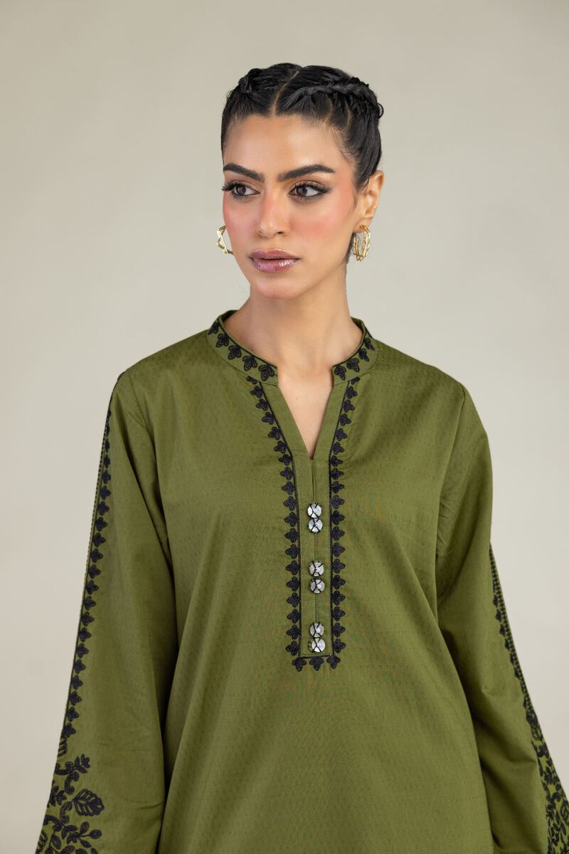 Embroidered | Cotton Dobby | Cotton Olive Kurta | USD 45.00