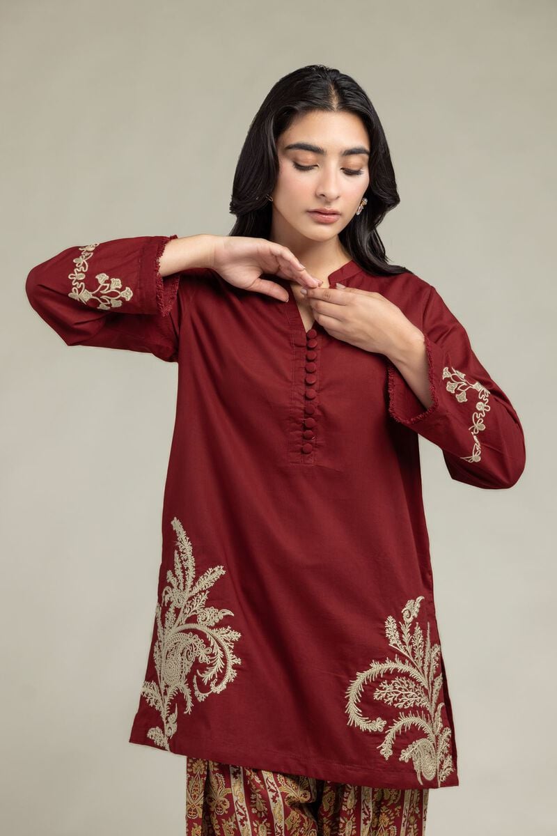 Embroidered | Cambric | Maroon V-Neck Kurta | USD 45.00