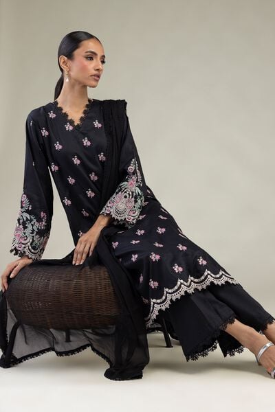 Embroidered | Dobby | Black Tailored 3-Piece | USD 80.00