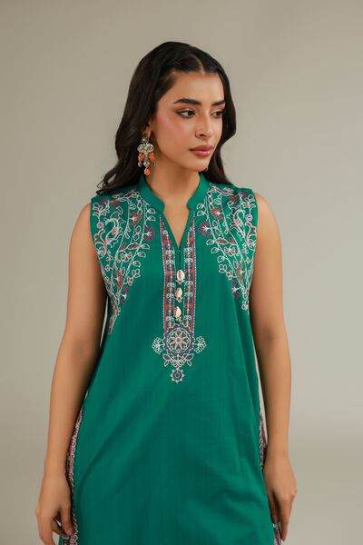 Embroidered | Cotton Dobby | Green Sleeveless Kurta | USD 35.00