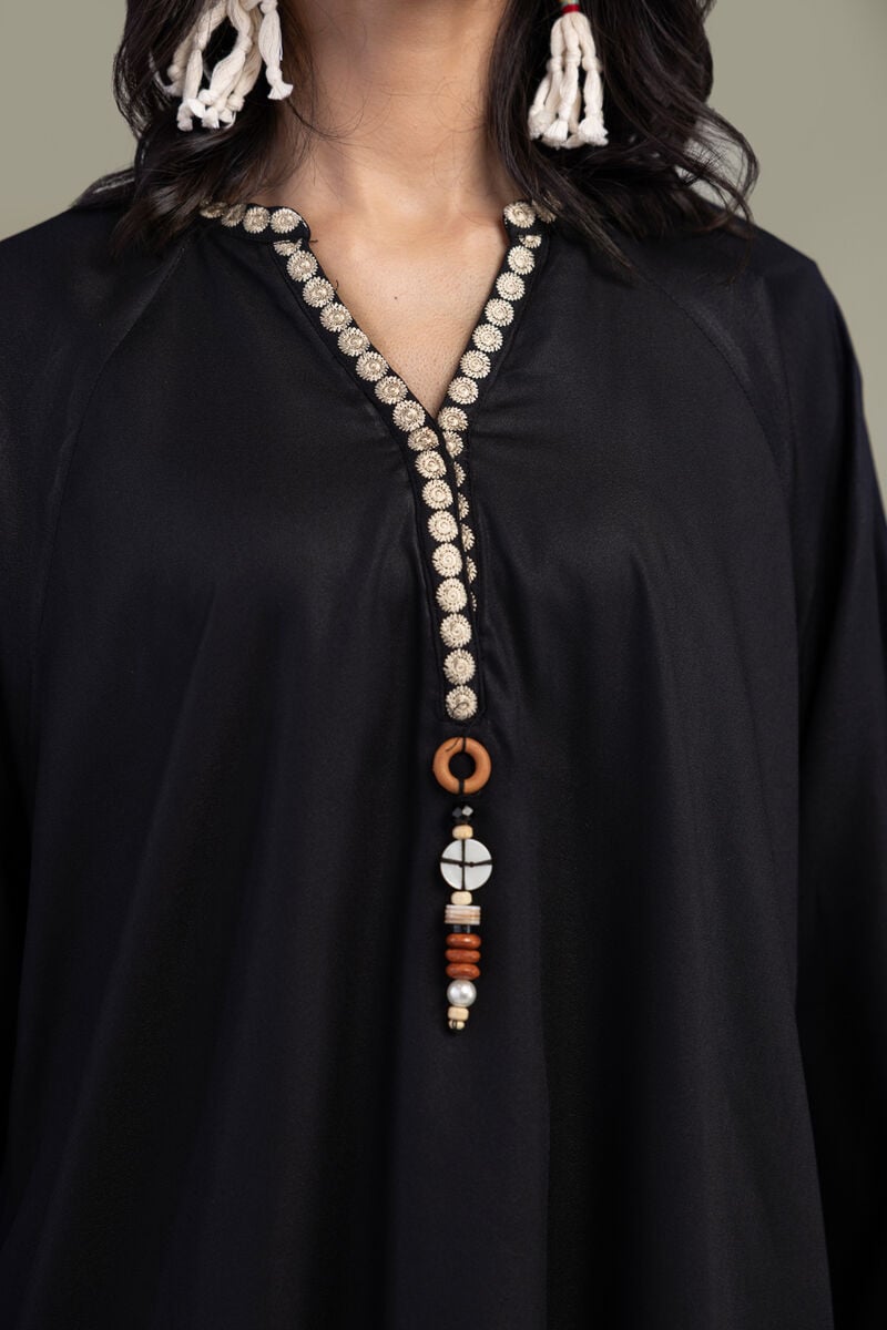 Embroidered | Viscose Crepe | Black V-Neck Tunic | USD 45.00
