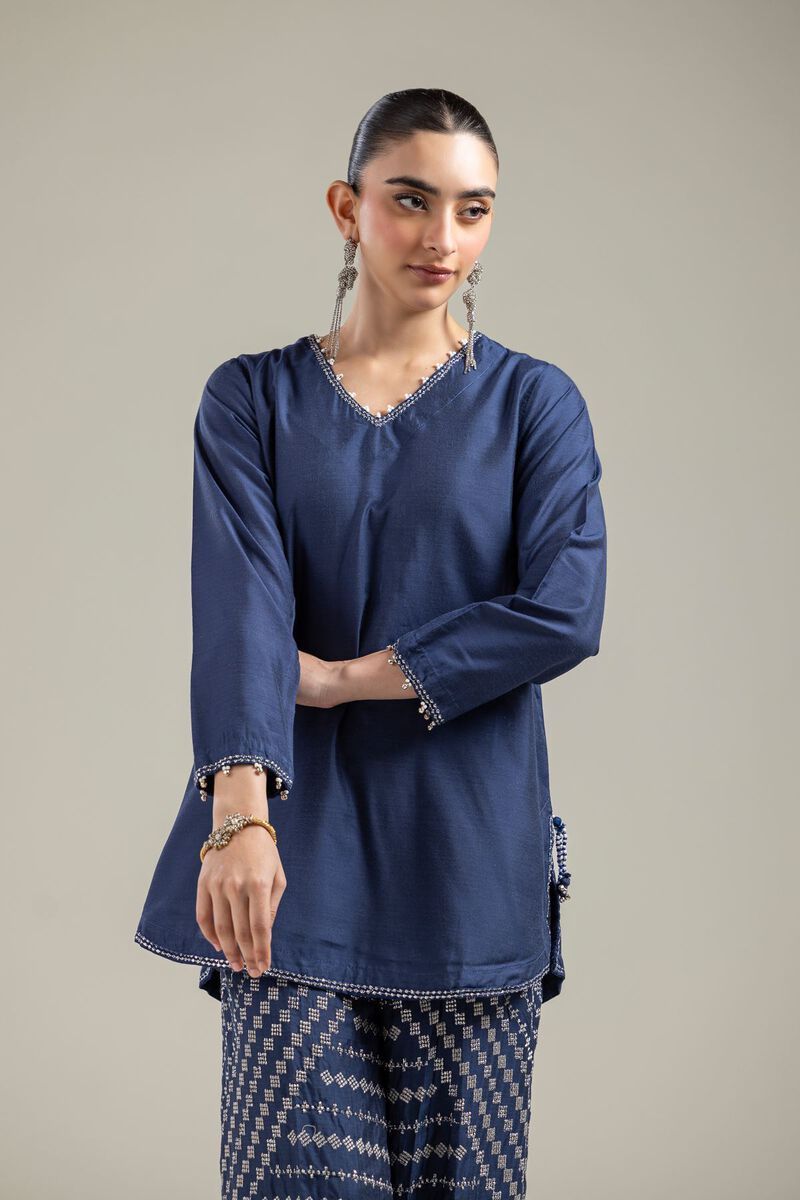 Raw Silk | Navy V-Neck Kurta | USD 40.00