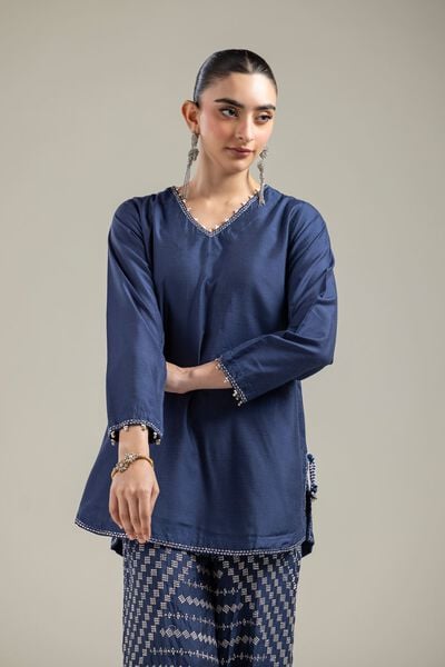Raw Silk | Navy V-Neck Kurta | USD 40.00