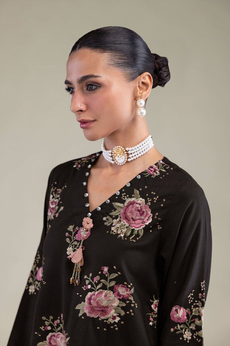 Embroidered | Raw Silk | Black Floral Kurta | USD 55.00