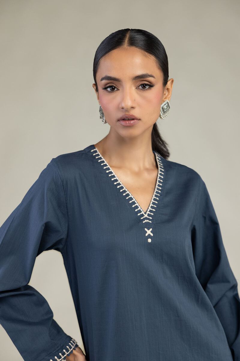 Textured Cotton | Embroidered | Long V-Neck Kurta | USD 35.00