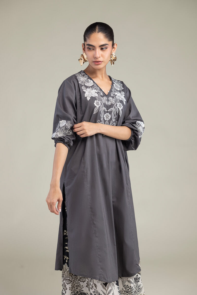Embroidered | Cambric | Gray V-neck Kurta | USD 40.00