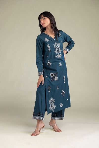 Embroidered | Cambric | Teal Cambric Pants | USD 25.00