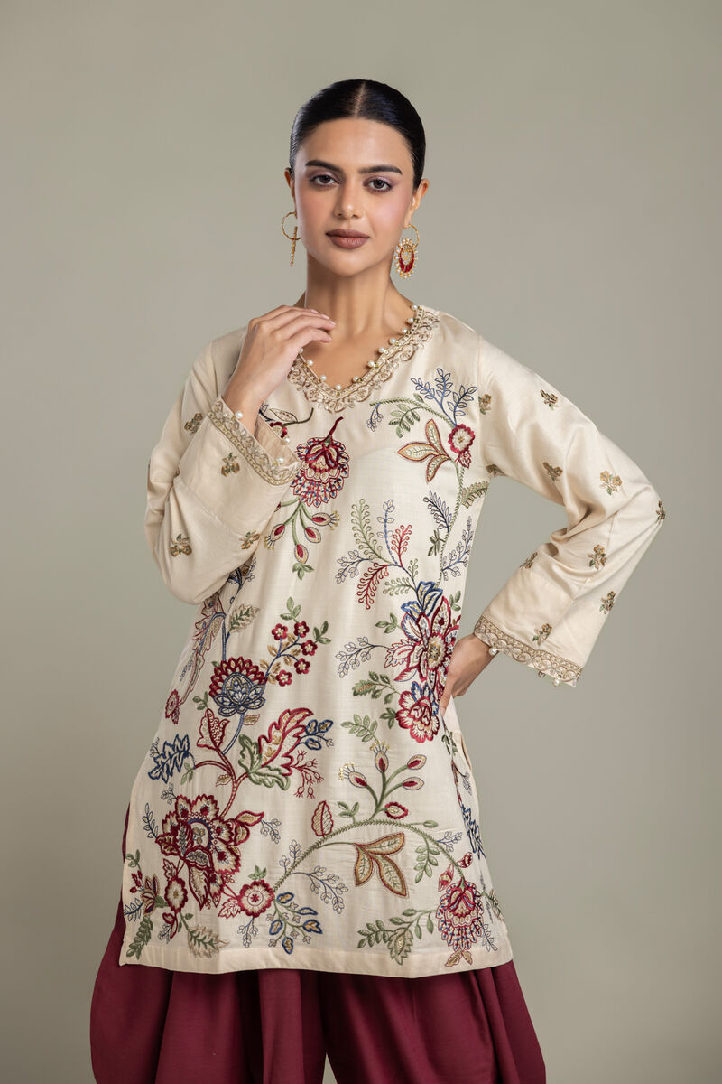 Embroidered | Raw Silk | Short V-Neck Kurta | USD 70.00