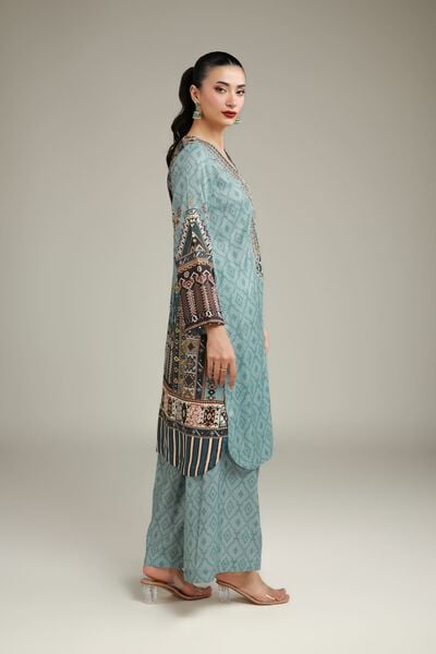 Embroidered | Raw Silk | Relaxed Teal Pants | USD 35.00