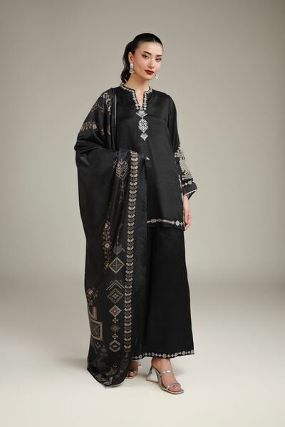 Embroidered | Raw Silk | Black Solid Pants | USD 35.00