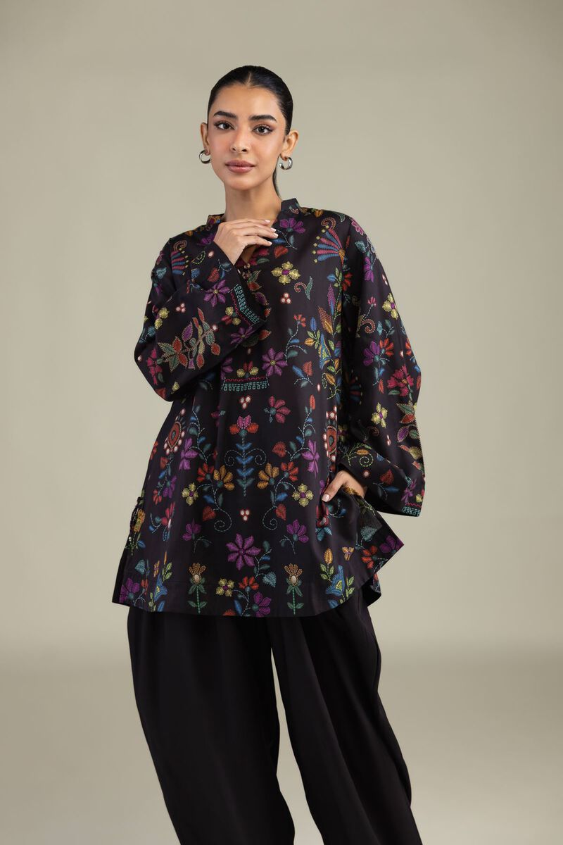 Printed | Textured Weave | Black V-Neck Kurta | USD 35.00