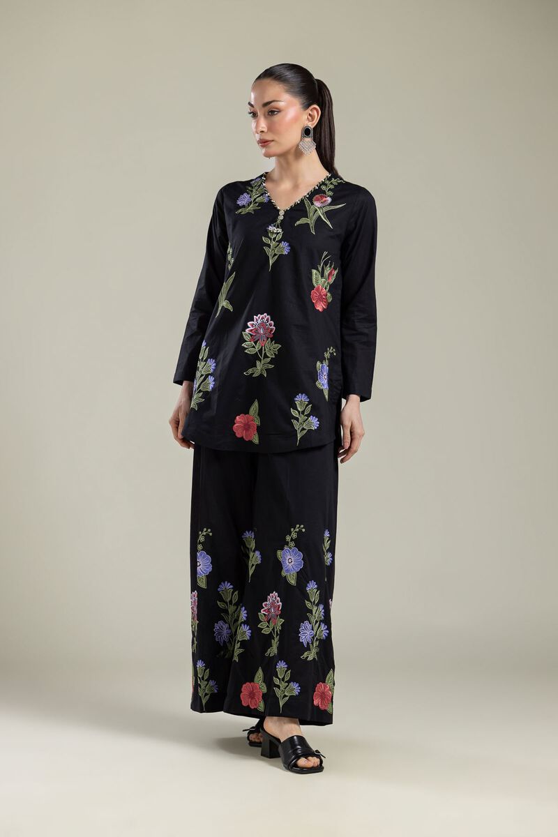 Embroidered | Cambric | Black V-Neck Kurta | USD 40.00