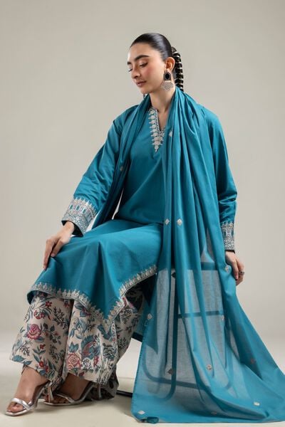 Embroidered |Cotton Dobby | Teal Cotton Kurta | USD 40.00