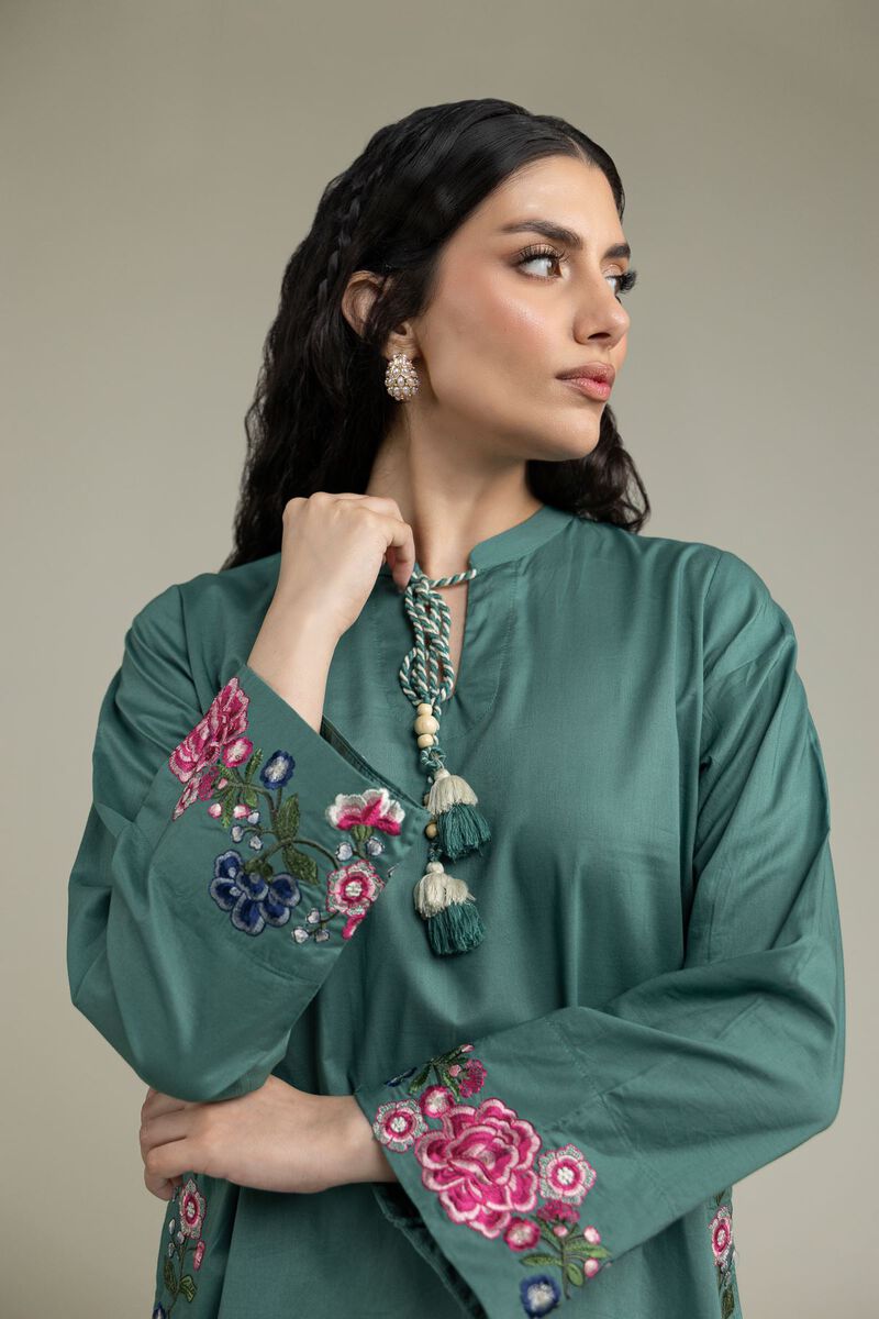 Embroidered | Cambric | Teal Floral Kurta | USD 40.00