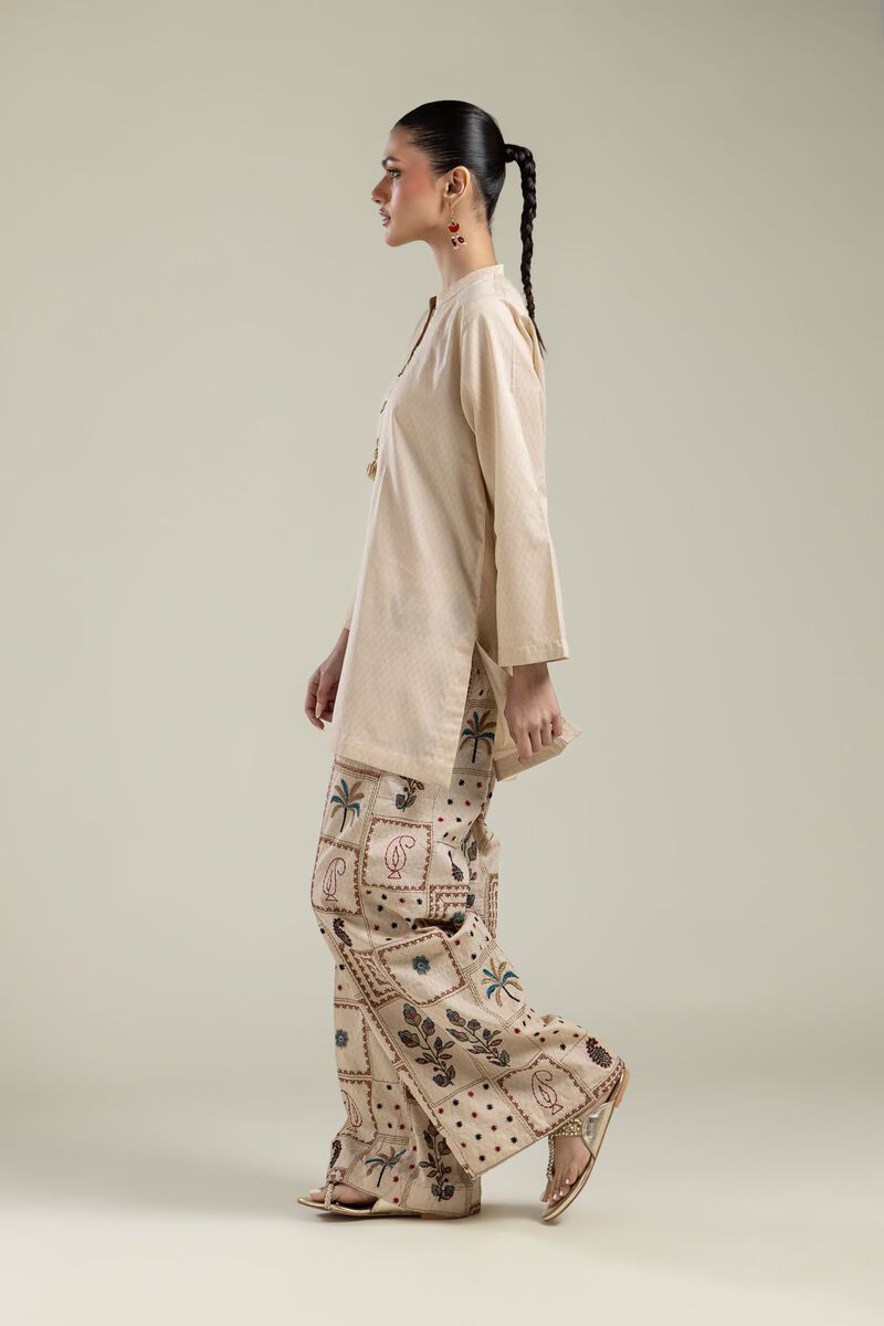 Embroidered |Cotton Dobby | Beige Cotton Pants | USD 40.00