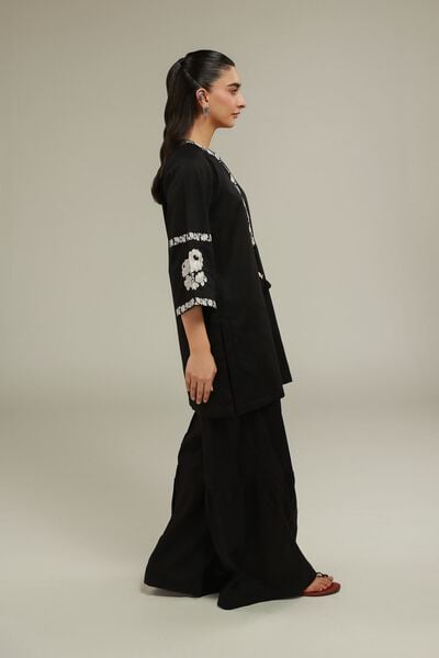 Embroidered | Cotton Dobby | Black Wide-Fit Pants | USD 25.00
