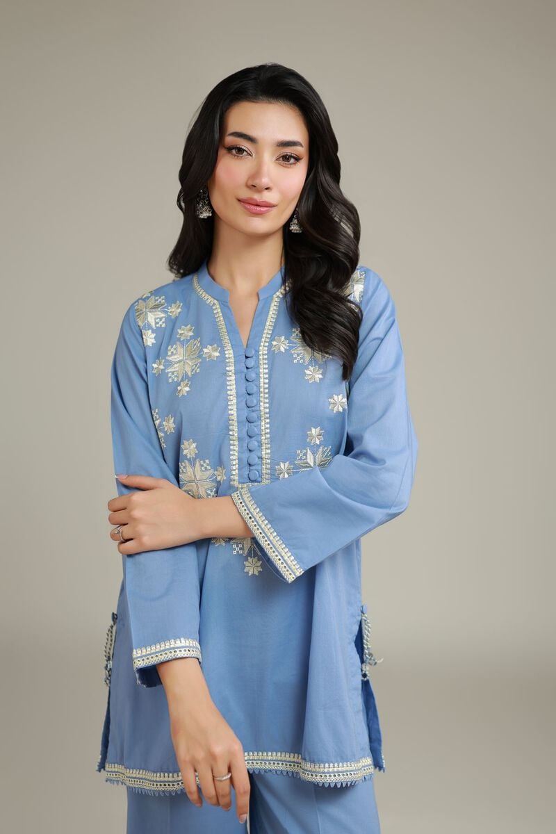 Embroidered | Cambric | Floral Blue Kurta | USD 40.00